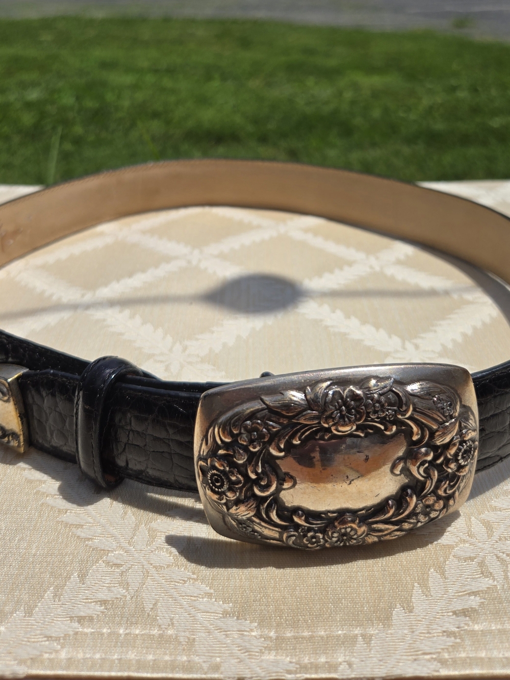 Brighton 1996 Black Leather Belt with Ornate Silver Buckle Size M